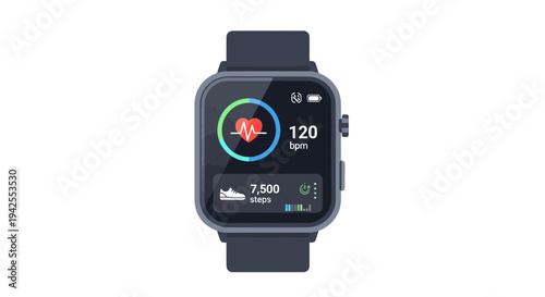 Smartwatch displaying heart rate and fitness tracking data on screen