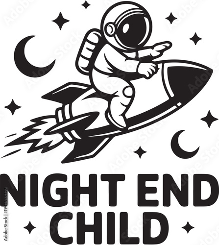 A cute cartoon illustration of a funny fantasy witch character flying on a broom across a white moon in a blue nature sky with fun vector art birds