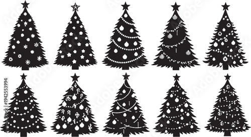 Black and white Christmas trees with ornaments and stars