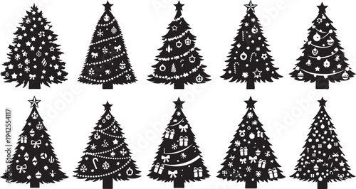 Black and white Christmas trees with various decorations