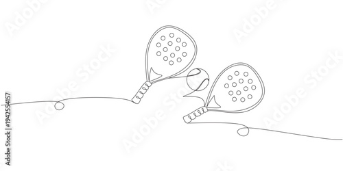 A minimalist continuous line drawing featuring two padel rackets and a ball