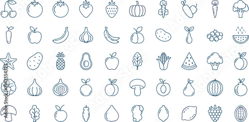 Large set of dark blue line art fruit and vegetable icons including apple, banana, tomato, carrot, broccoli, watermelon, and strawberry