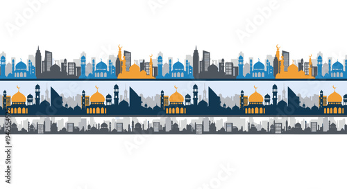 City skyline with mosques and skyscrapers illustration.