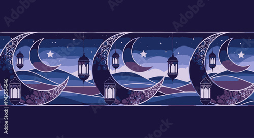 Ramadan Kareem greeting card with crescent moon and lanterns.