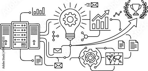 Minimalist line art vector of technology server data, innovation idea, and business success