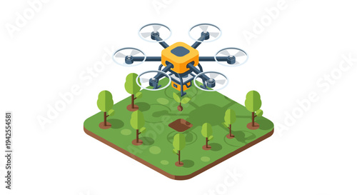 Isometric illustration depicting a modern agricultural drone planting a seedling in a field, showcasing advanced farming technology and automation.