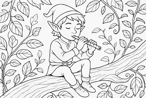 Coloring page for children - a young wood elf playing a flute on a tree branch in a magical forest