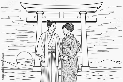 Coloring page for children - a young Japanese couple in traditional costume under a large torii at sunset, a symbolic composition