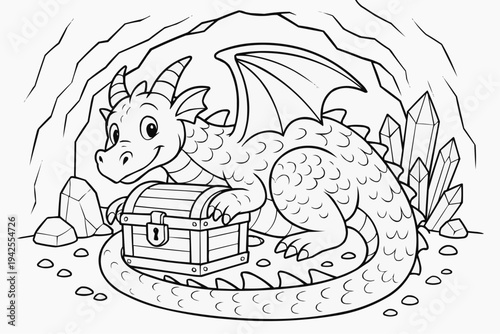 Coloring page for children - a friendly dragon wrapping itself around a treasure chest in a mountain cave