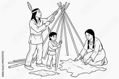 Coloring page for children - an Indian family putting a tipi together, focused and working as a team in nature
