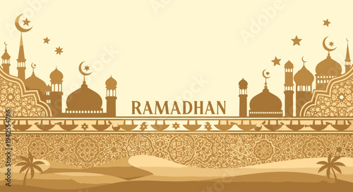 Ramadan Illustration with Mosque Silhouette and Desert Landscape.
