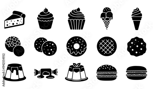 Sweet dessert silhouette icon set black solid food symbols vector isolated on white