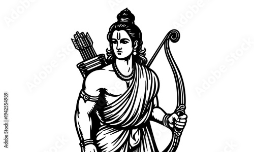 Lord Ram black and white illustration in traditional Hindu iconography, divine warrior holding bow with quiver of arrows, ideal for Ram Navami, Diwali religious posters and devotional design