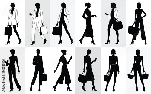 Collection of businesswomen silhouettes walking with briefcases and handbags in various poses and outfits
