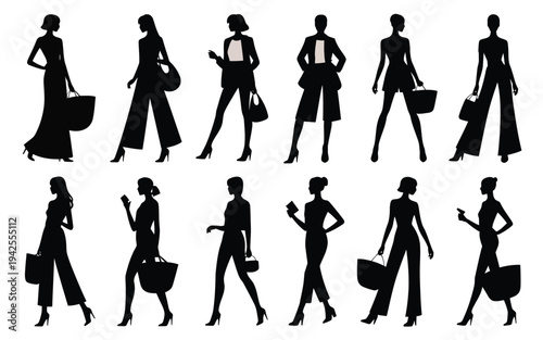 Collection of walking women in various poses and outfits in black silhouette on white background for design and illustration