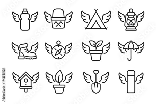 Wings on Outdoor Objects. Angelic wings on outdoor objects. Line outline icon set of angelic wings on outdoor
