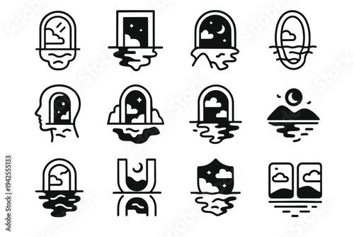 Dream Realm Icons. Reflected portals into dream realms. Line outline icon set of Reflected portals into dream