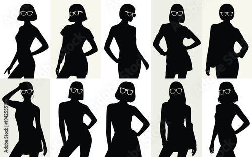 Collection of confident women in various poses and stylish glasses on white background
