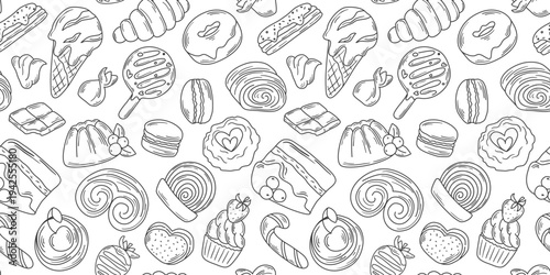 Seamless pattern with hand drawn sweets and candies. White background with pie, cake, ice cream, chocolate, croissants in doodle style. Loose drawing. Print sweet treats, vector graphics