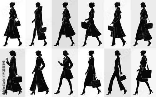Silhouettes of business women walking in various poses with briefcases and handbags on white background