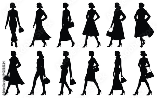 Collection of black silhouettes of women walking in various poses and dresses with handbags