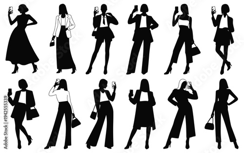 Silhouettes of women in business attire posing with phones and handbags on white background