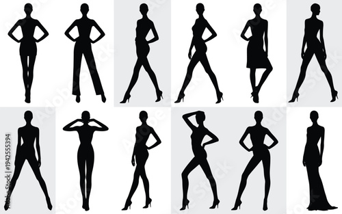 Collection of black female silhouettes in various poses and outfits on white background for design