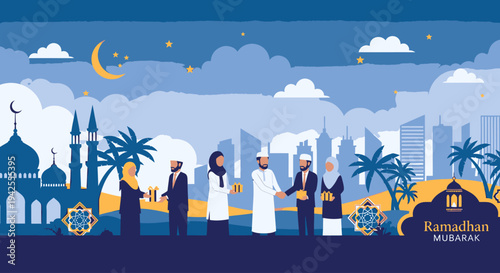 Ramadan Mubarak greeting card with mosque and people.