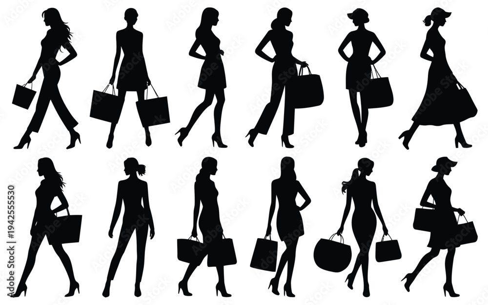 Fototapeta premium Silhouettes of women walking with handbags and shopping bags on white background various poses and outfits black and white vector graphics