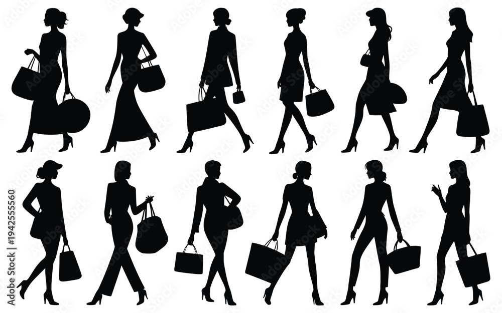 Fototapeta premium Silhouettes of women walking with handbags and luggage black icons on white background for fashion and travel concepts