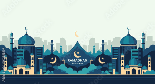 Ramadan Illustration with Mosques and City Skyline.
