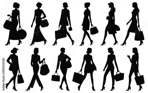 Silhouettes of women walking with handbags and luggage black icons on white background for fashion and travel concepts