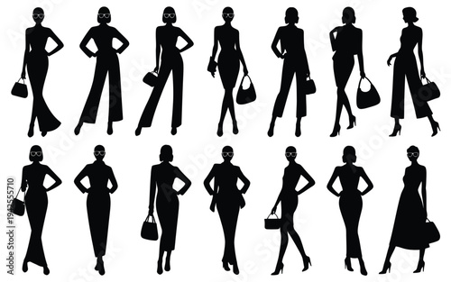 Collection of black silhouettes of fashionable women in various poses with handbags on white background for design and illustration