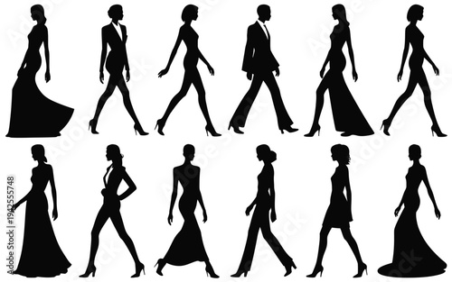 Collection of black silhouettes of men and women walking in various poses and dresses on white background for design and illustration