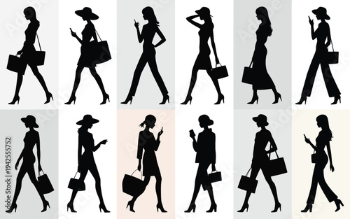 Silhouettes of women walking in various poses with hats and handbags on gray background