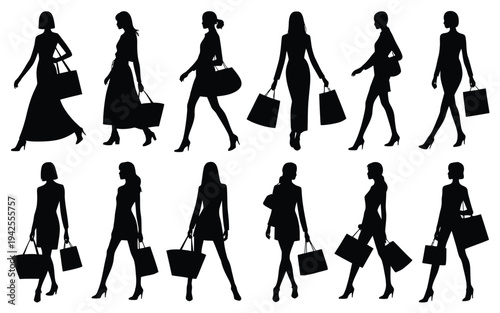 Silhouettes of women walking with shopping bags black icons on white background various poses and outfits