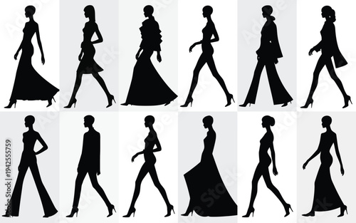 Collection of elegant women walking in various poses and dresses in black silhouette on white background