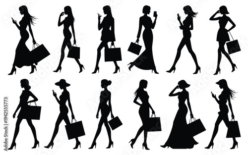 Silhouettes of women walking with shopping bags in various poses and outfits on white background