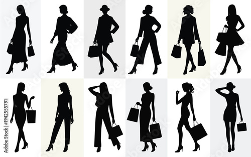 Collection of black silhouettes of women in various poses with shopping bags on white background for commercial use
