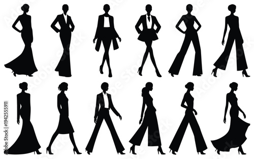 Collection of elegant black silhouettes of men and women in formal wear walking or standing in various poses on white background