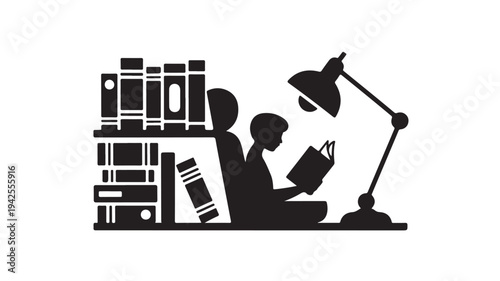 Silhouette of person reading beside bookshelf and desk lamp in minimalist black and white illustration for education