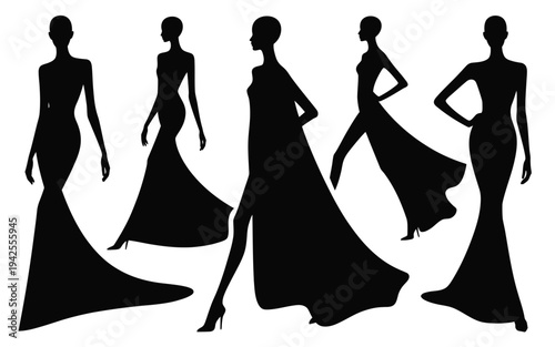 Five black silhouettes of elegant women in formal evening gowns with flowing skirts and high heels on white background