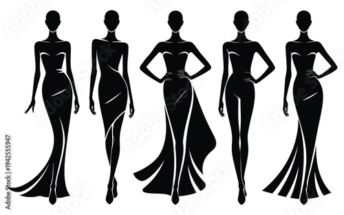 Five elegant women in black evening gowns with white accents standing in various poses on white background