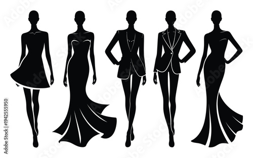 Five fashionable women in various outfits and poses silhouette vector illustration
