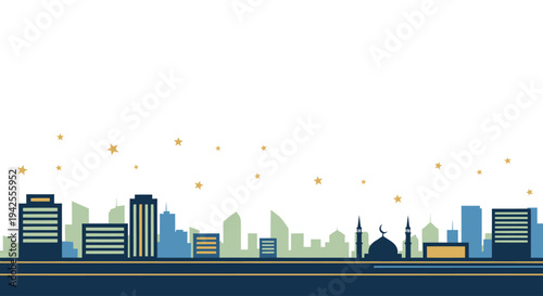 City skyline with buildings and stars.
