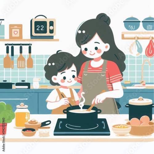 Cute Mother and Son Cooking Together in Kitchen. Happy Family Preparing Homemade Meal. Charming Cartoon Illustration.