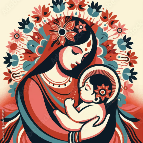 Madonna and Child Folk Art Illustration. Stylized Religious Iconography with Ornamental Floral Halo and Traditional Colors.