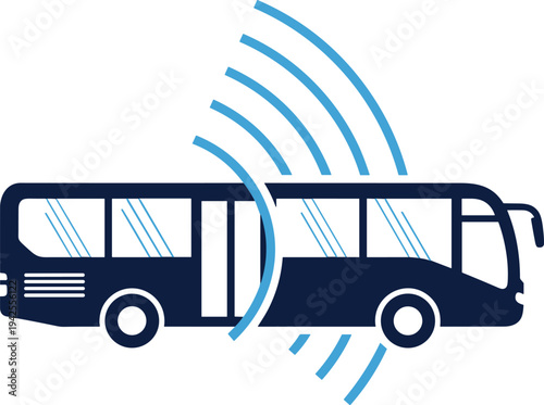 Autonomous public transport bus with wireless signal waves representing smart mobility technology connected vehicle flat vector icon