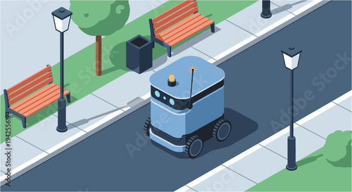 An autonomous delivery robot navigates a modern urban street, showcasing innovative technology for future logistics and smart city infrastructure.