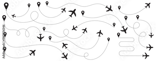Airplane line path icon set.  Airplane routes vector set.  Plane flight path vector set. Aircraft tracking, planes, travel, map pins, location pins on Transparent Background. Outline flying planes 